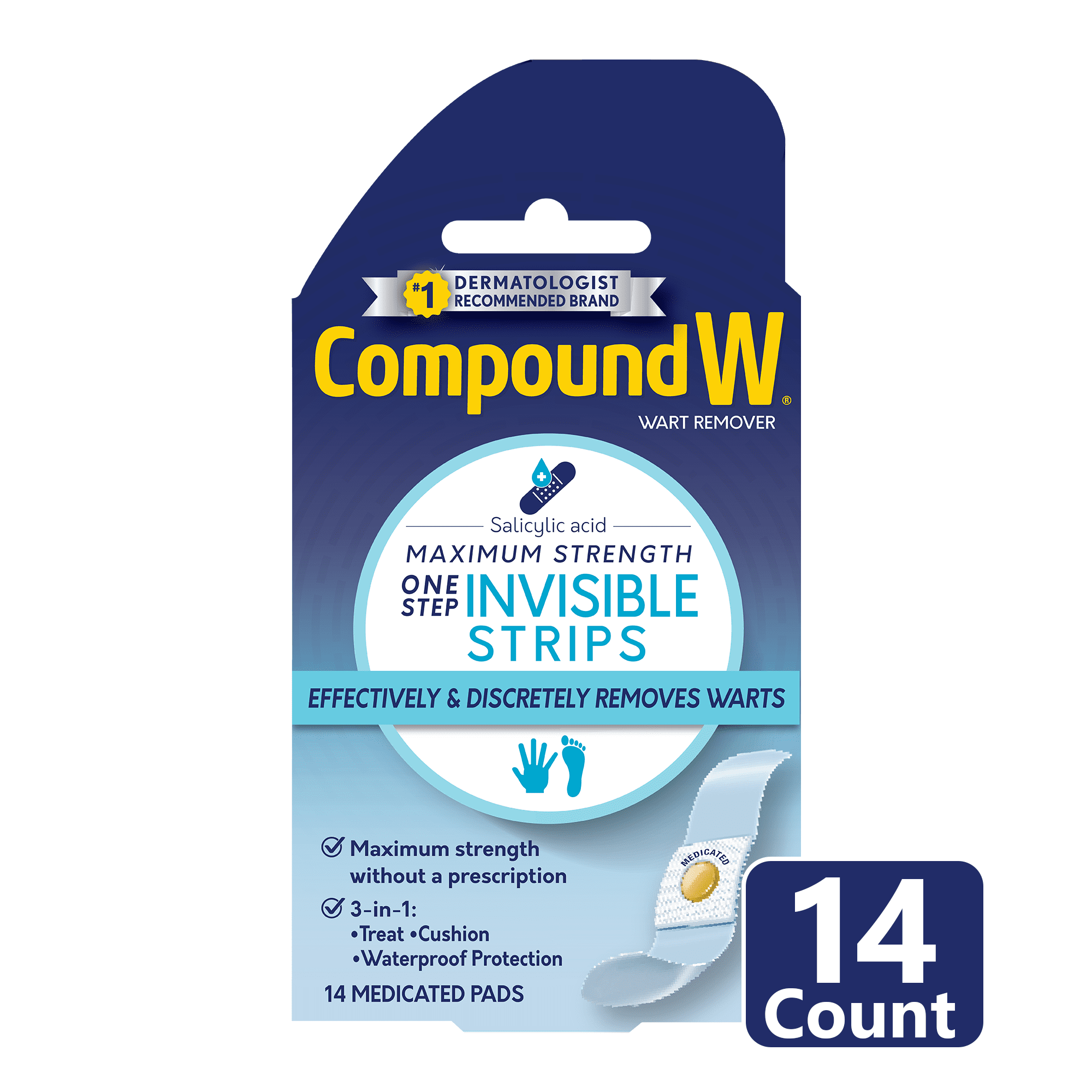 Compound W Maximum Strength One Step Invisible Wart Remover Strips, 14 Count