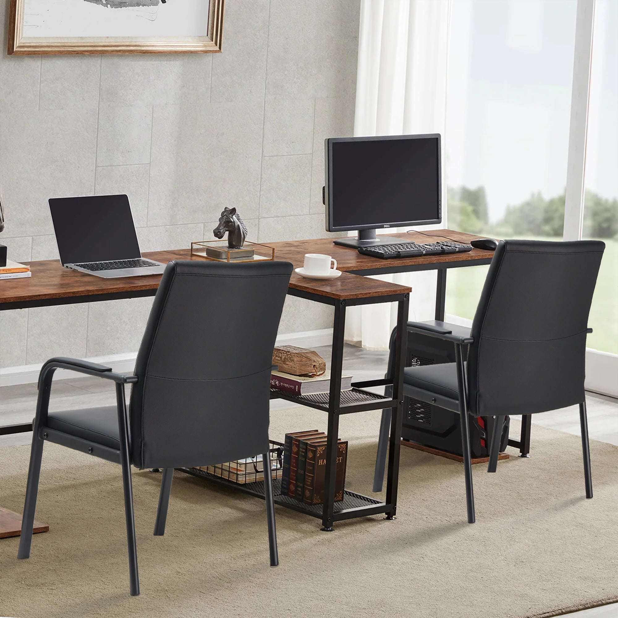 PU Leather Office Chairs Computer Desk Chair with Mid Back Padded Armrests No Wheels, Black