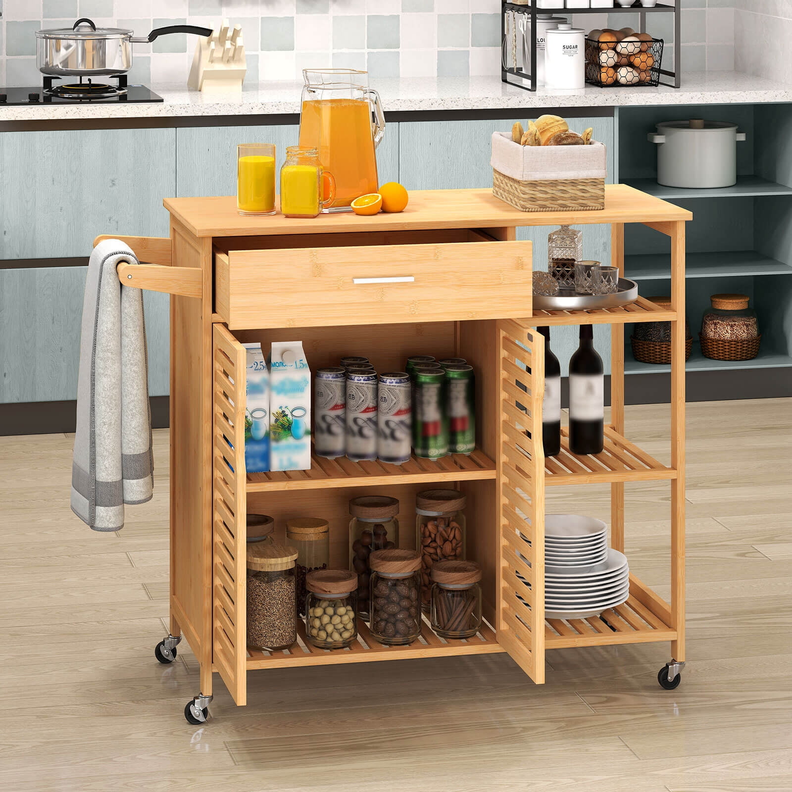 Costway 35.5" Kitchen Island Cartwith Lockable Wheels Drawer Open Shelves Towel Bar