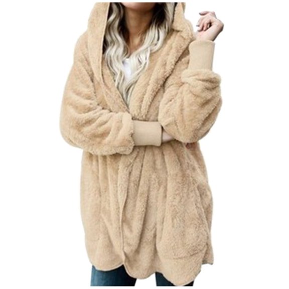 Women Hooded Cardigan Fuzzy Jacket Winter Open Front Fleece Coat Outwear with Pockets