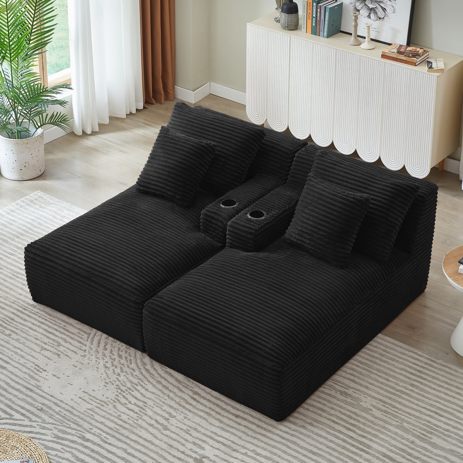 Lisonu Black Corduroy Double Chaise Sleeper Loveseat with Cupholders — No Assembly, Compressed Expandable Sofa with Spring Padding, Plush Modern Fluffy 2-Seat for Living Room & Bedroom