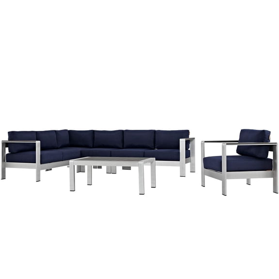 Modway Shore 6 Piece Outdoor Patio Aluminum Sectional Sofa Set in Silver Navy