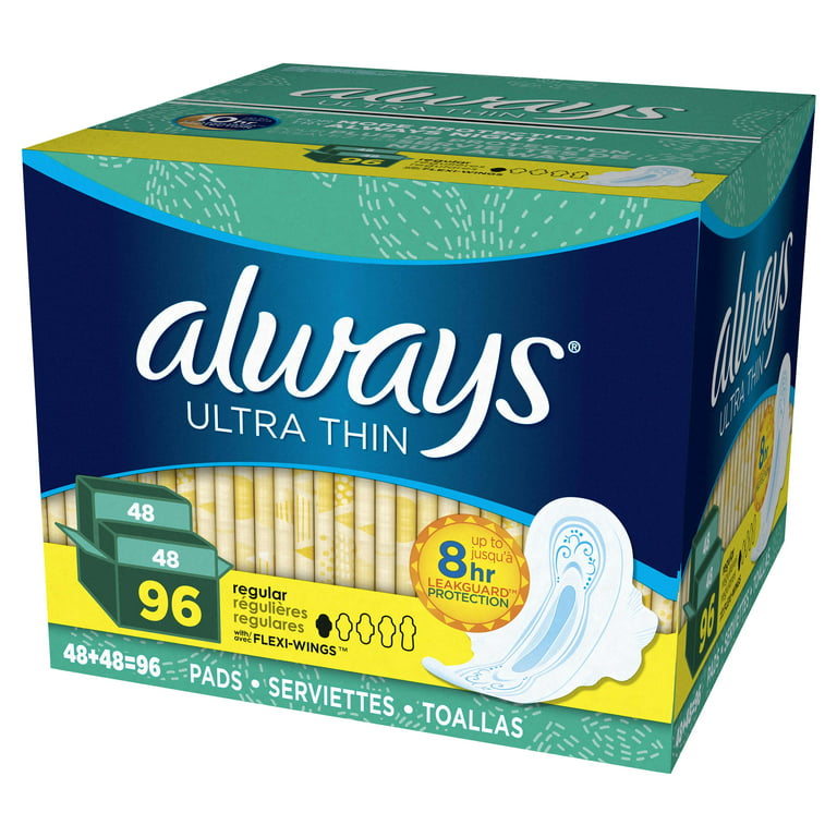 Always Ultra Thin Pads Size 1 Regular Absorbency Unscented with Wings, 96  Count