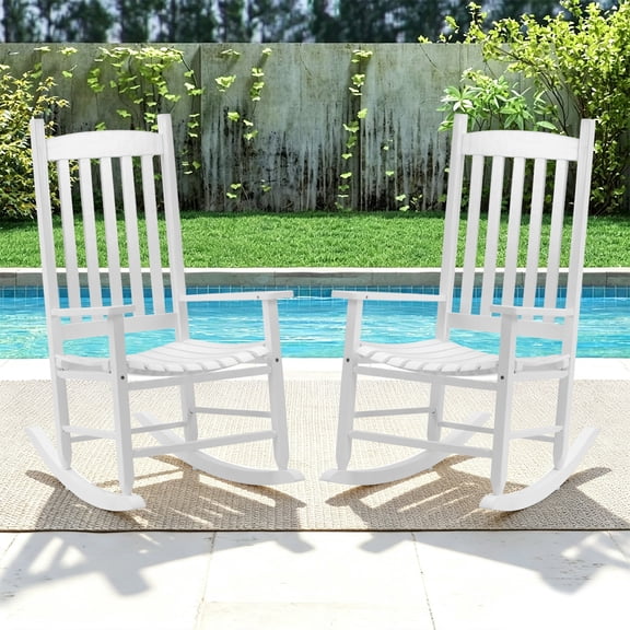 BIQWBIC Outdoor Rocking Chairs Set of 2, Patio Wooden Rocker with High Back and Handrail Comfortable and Stable Durable Load Bearing 243 lbs Patio Rocking Chairs for Porch Garden and Terrace, White