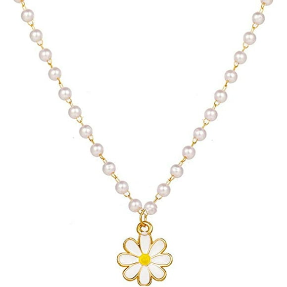 Charm Daisy Imitation Pearl Clavicle Chain Necklace for Women Butterfly Cherry Rhinestone Pendant Choker Necklace Processed