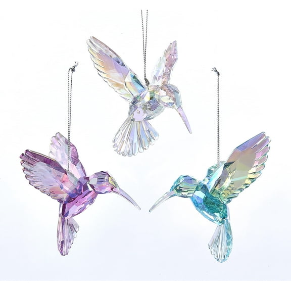 Kurt Adler 3 Assorted Acrylic Iridescent Purple, Blue And Clear Hummingbird Christmas Ornaments