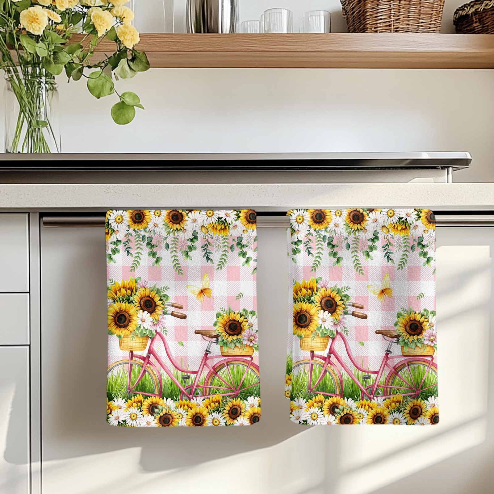 Spring Kitchen Towels Set of 2, Bicycles Blossom Botanical Sunflowers Pink Plaid Absorbent Dish Towels for Kitchen, Microfiber Hand Towel, Quick Drying Tea Towel for Cleaning Decorative Dishcloths