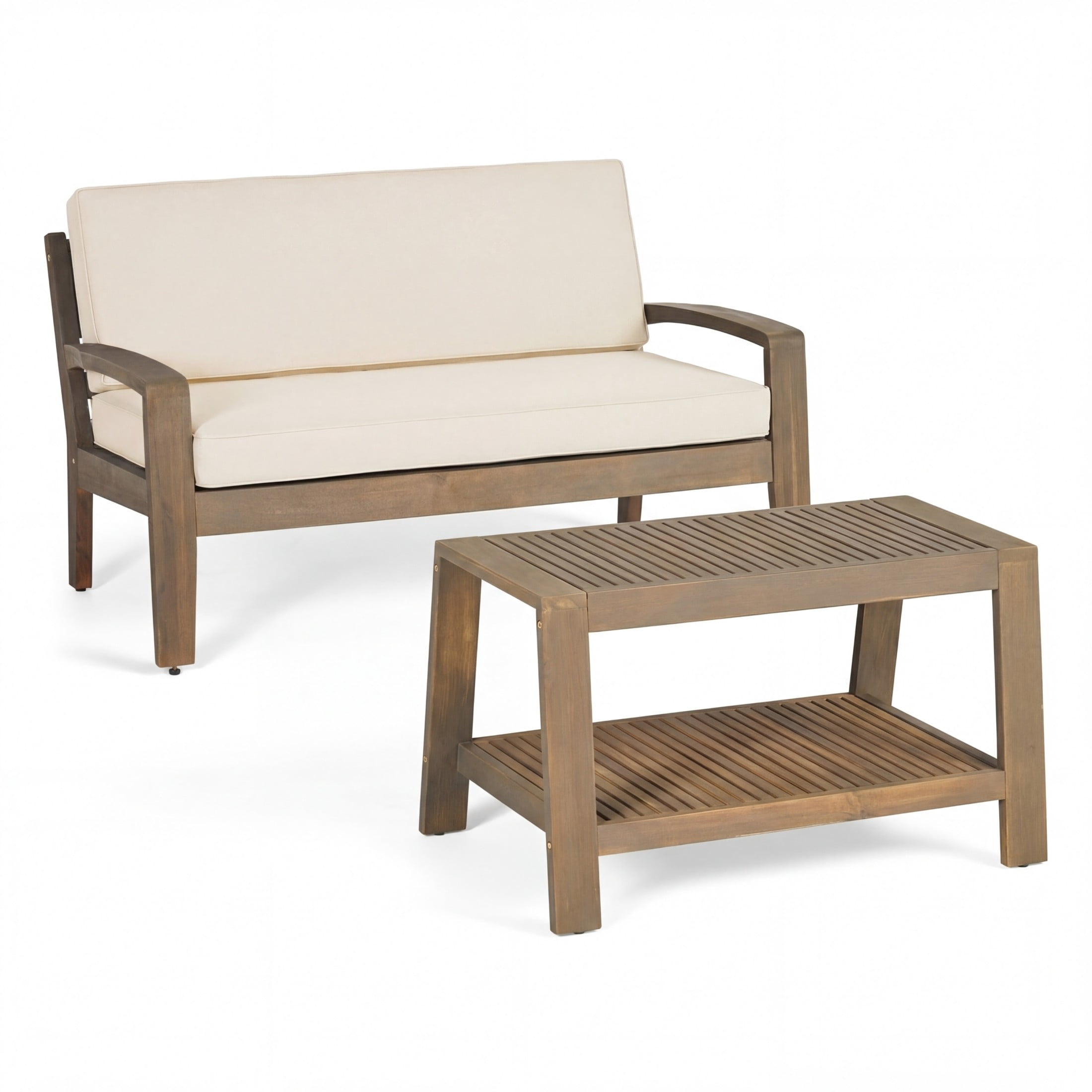 Christopher Knight Home Outdoor Acacia Wood Loveseat and Coffee Table Set with Cushions, Gray+Beige