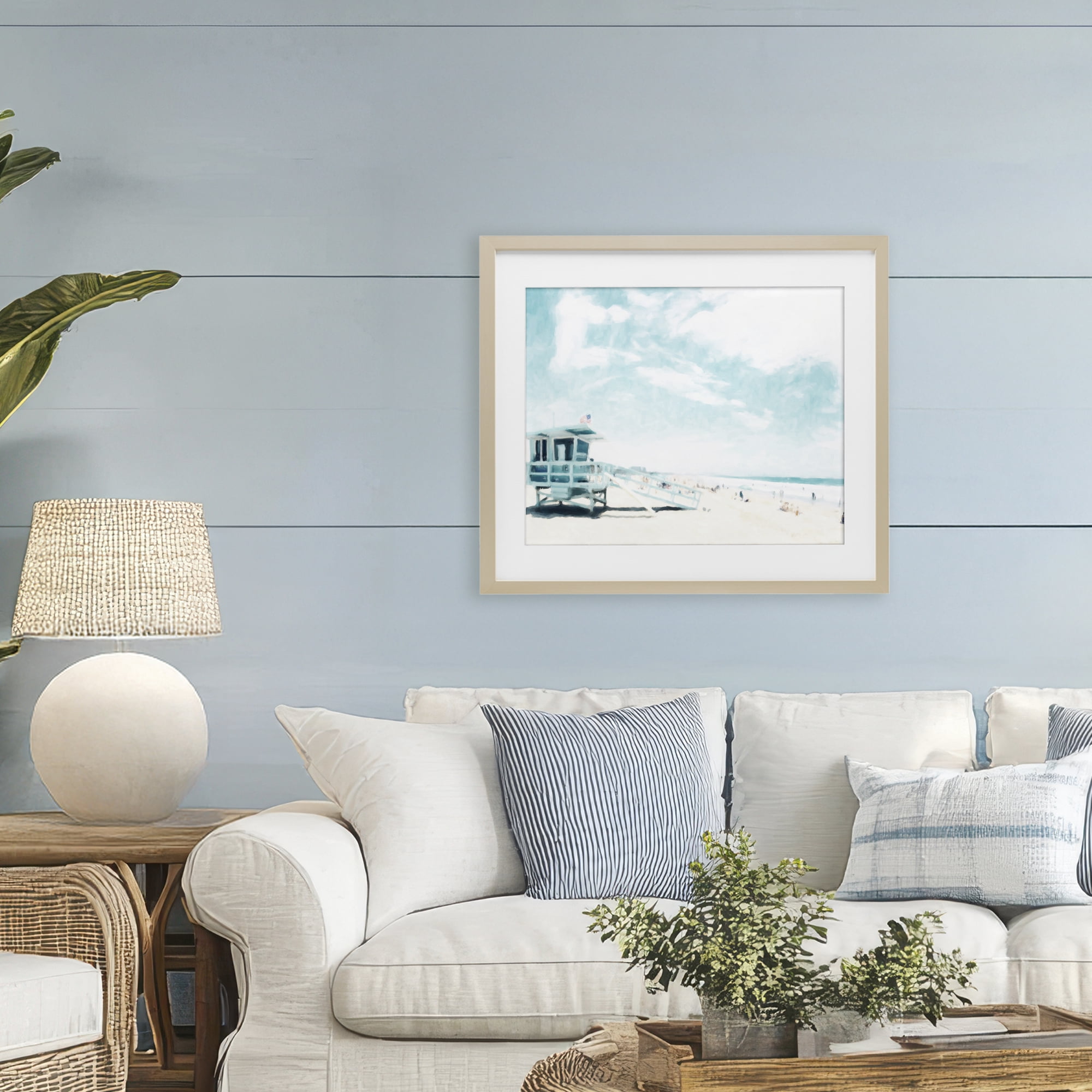 Stupell Industries Blue Beach Station Birch Framed Print Under Glass, design by Kim Curinga