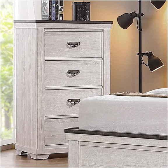JERFIT Farmhouse 4-Drawer Chest, Solid Wood Dresser with Metal Pulls, Beige Gray & White Bedroom Storage Furniture