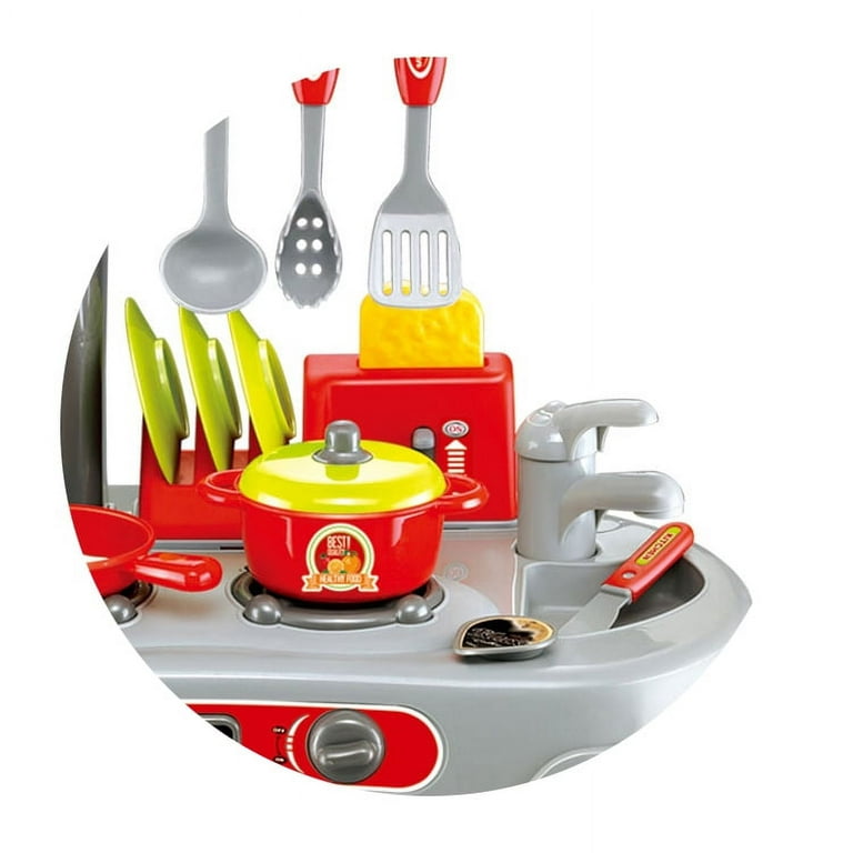 Kitchen Set Red with Sound and Light Cooking Toys w Cookware and Plastic  Food 33 Pcs!
