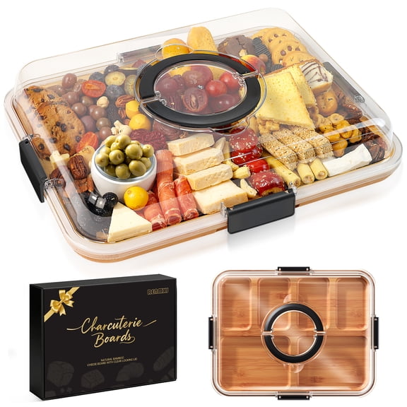 Tmtamye Portable Charcuterie Board with Clear Lid, Serving Tray with 6 Compartments, Black Handle