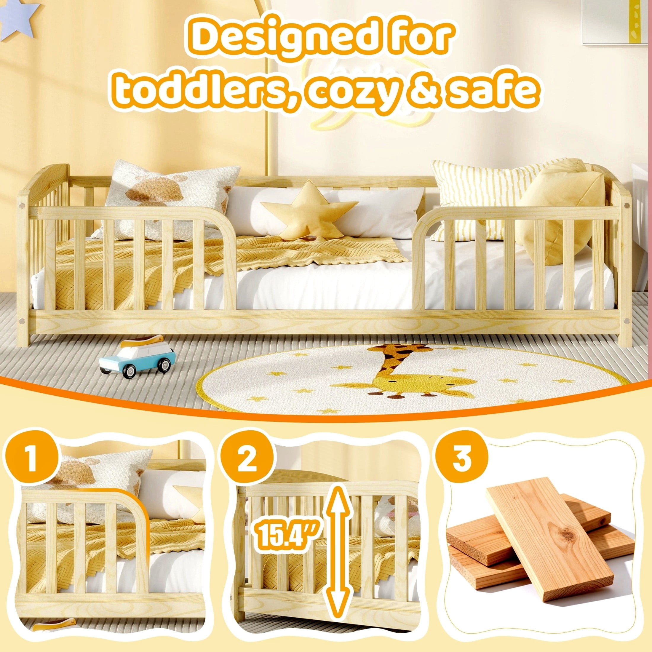 Noble House Norva Twin Size Floor Bed with Central Curved Entrance Guardrails, Pine Wood Bed Frame, Natural