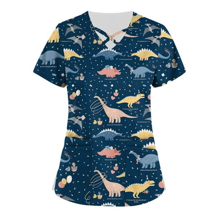 

Apepal Plus Size Cute Printed Scrub Working Uniform Scrub Tops for Women Cross V-Neck Short Sleeve Fun T-shirt Tee with Pockets