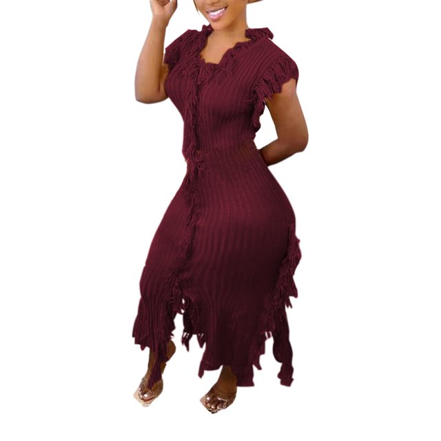 Gspmoly Robes pour Femmes, Robe Décontractée pour Femmes, Mode Aguichant Polyvalente, Couleur Unie, Tricotée, Sans Manches, à Franges, Robe de Cocktail jusqu'à 65 % de Rabais