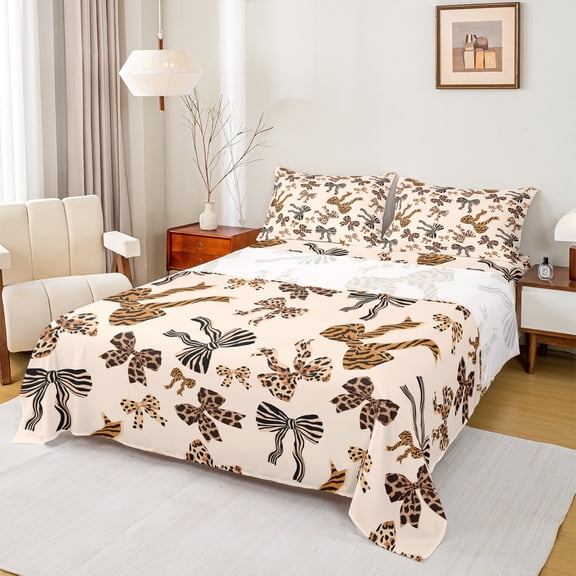 Homewish Kawaii Bowtie Twin Sheet Sets 3pcs for Teens Female Adults,Leopard Zebra Print Twin Fitted Sheet Microfiber,Black Brown Breathable Flat Sheet,Lightweight Room Decor