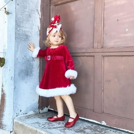 Kids Girls Christmas Round Neck Santa Costume Swing Dress with Waistband