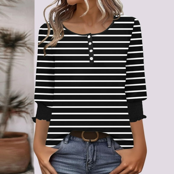 Tops for Women Plus Size 3/4 Length Striped Printed Button-up T-shirt Three-quarter Sleeve Round Neck Top Black XXL