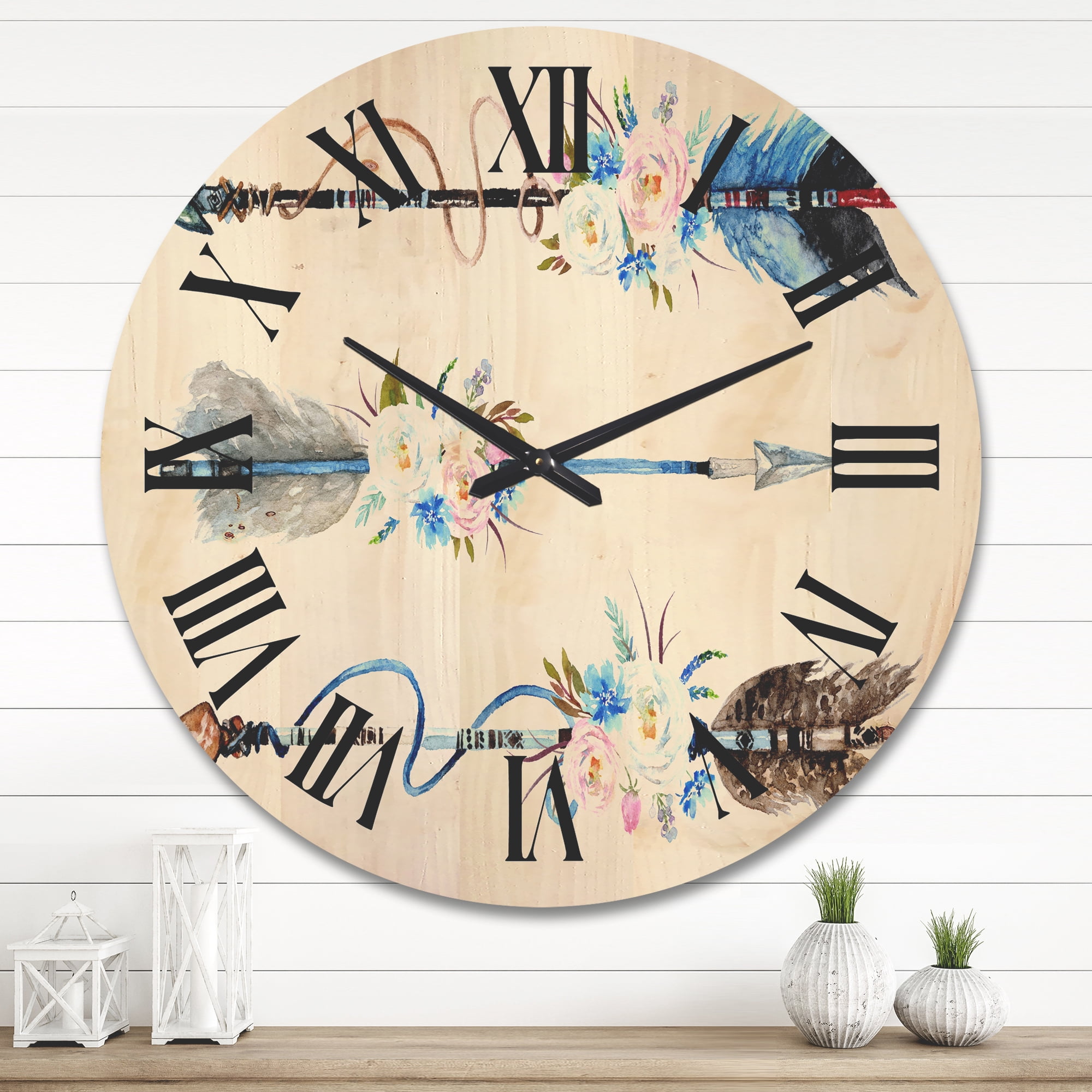 Designart 'Flowers and Ethnic Feathers On Native Arrows I' Bohemian & Eclectic Wood Wall Clock