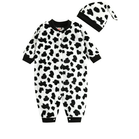 

Kiapeise Baby Girl Sherpa Lined Fleece Warm Romper Set Long Sleeve Buttoned Crewneck Cow Pattern Bodysuit with Hat