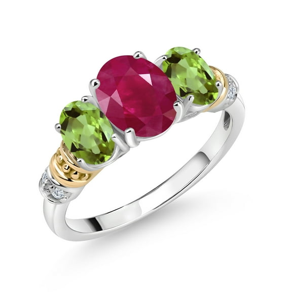 Gem Stone King 925 Sterling Silver and 10K Yellow Gold Oval Red Ruby Green Peridot and White Diamond 3 Stone Ring for Women (2.63 Cttw, Gemstone July Birthstone, Size 6)