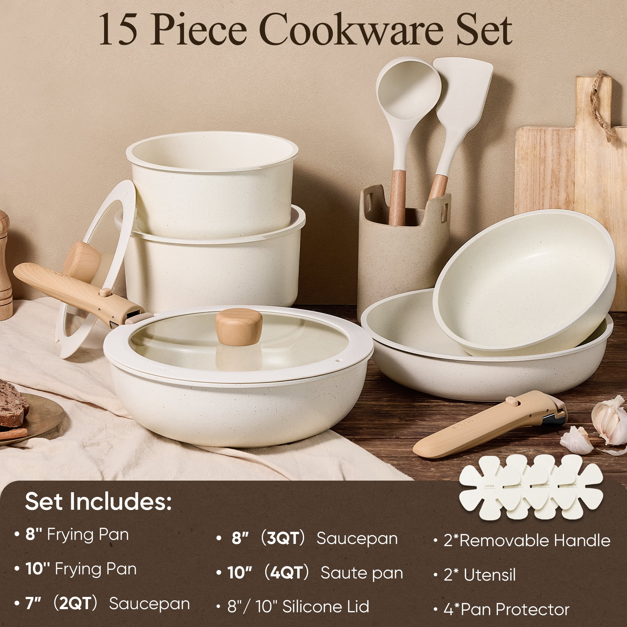 Carote 15 Pcs Nonstick Cookware Sets, Granite Non Stick Pots and Pans with Removable Handles, Oven Safe, Induction Compatible, Cream White
