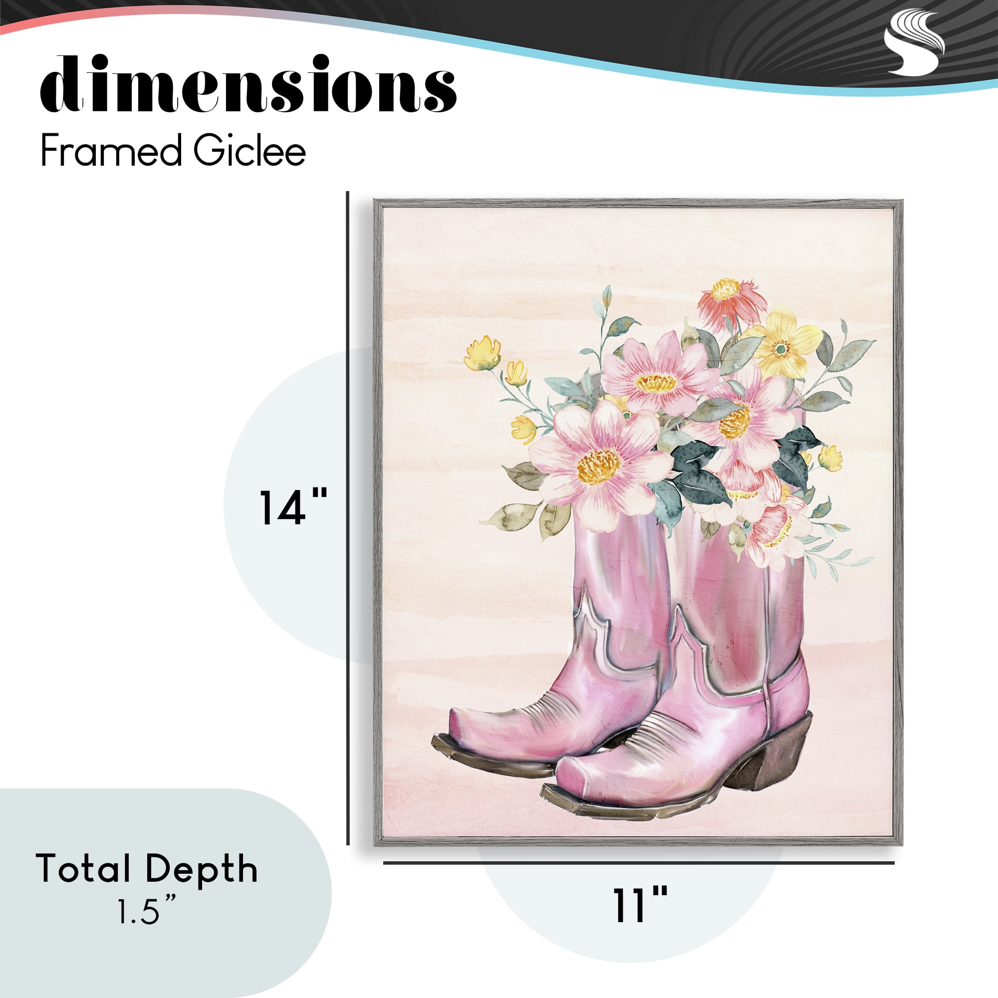 Wildflower Floral Boots Gray Framed Giclee Art, design by Kim Allen