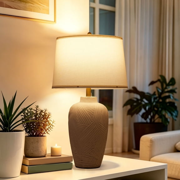 25" White Ceramic Lamps, 3-Way Dimmable Touch Ceramic Table Lamp for Bedroom,Rustic Farmhouse Bedside Lamp With Linen Shade,Bedside Nightstand Lamp for Living Room, Office, Entryway
