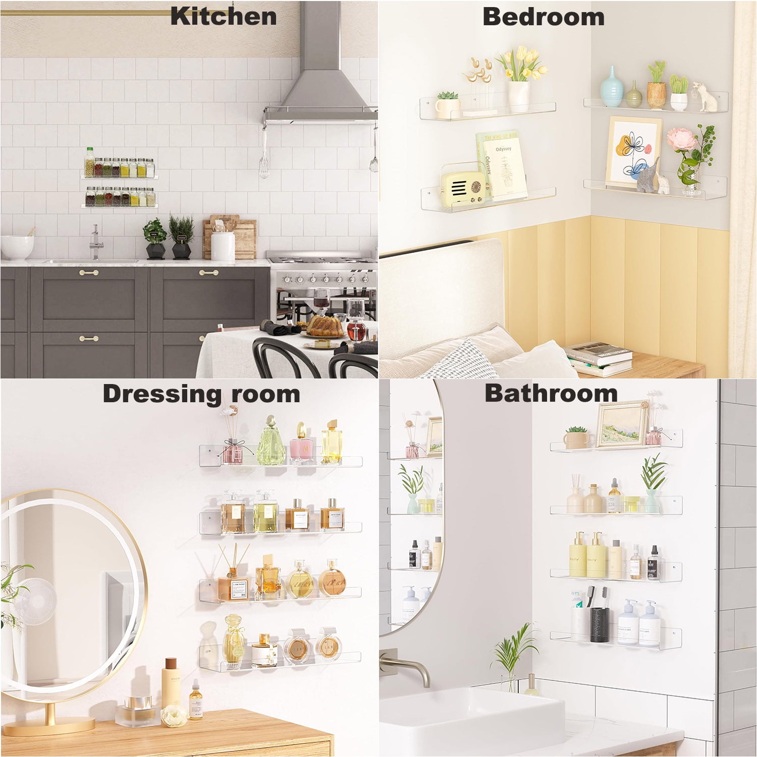 15 Inch Wall Shelf Set of 4 Clear Acrylic Floating Shelves W/Guardrail for Living Room Kitchen Bathroom Bedroom