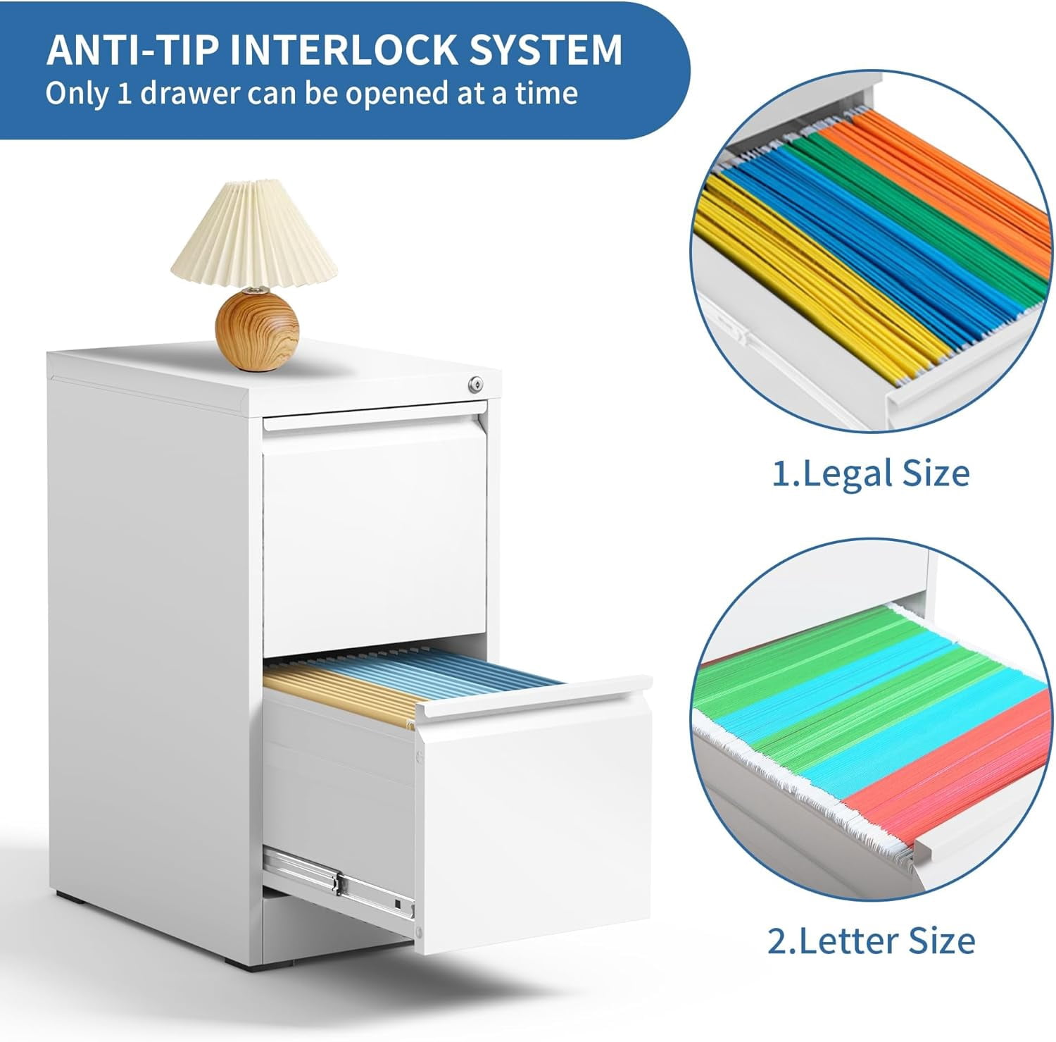 BIZOEIRON 2 Drawer Metal File Cabinet with Lock, Vertical Filing Cabinet for Hanging Legal/Letter Size Files, White