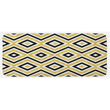 Geometric Kitchen Mat, Motif of Zig Zag and Squares Contemporary Design Art Print, Plush Decorative Kitchen Mat with Non Slip Backing, 47" X 19", White Black and Yellow, by Ambesonne
