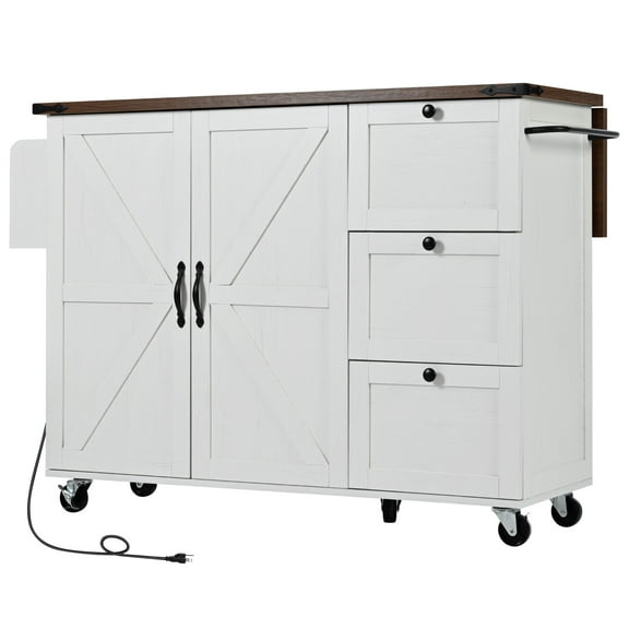 BIGWOO Farmhouse Kitchen Island with Drop Leaf and Power Outlet,Rolling Kitchen Cart on Wheels,54.5"x28.75”(17.7”)x36.5 White