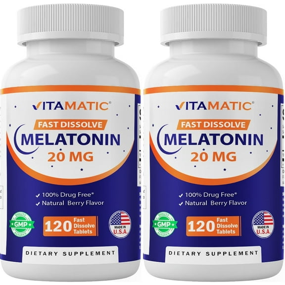 2 Pack - Vitamtic Melatonin 20 mg Fast Dissolve 120 Tablets | Nighttime Sleep Aid | Natural Berry Flavor | Vegetarian, Non-GMO, Gluten Free (Total 240 Tablets) 20mg