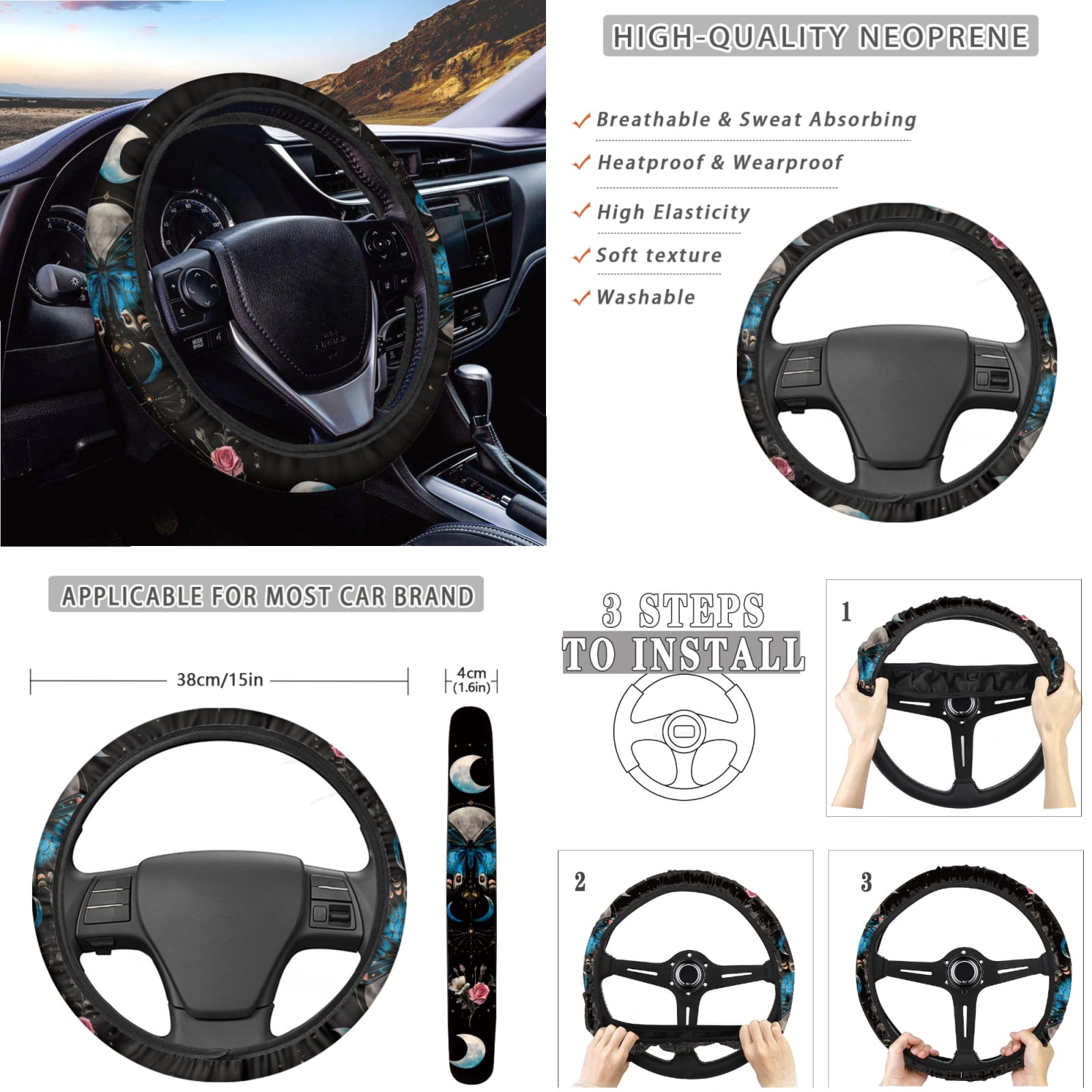 Jeiento Butterfly Car Seat Covers Full Set with Steering Wheel Cover Safe Belt Pads Moon Handbrake Cover Set Coasters Garbage Bin Rear View Mirror Cover Center Console Cover, 14 PCS