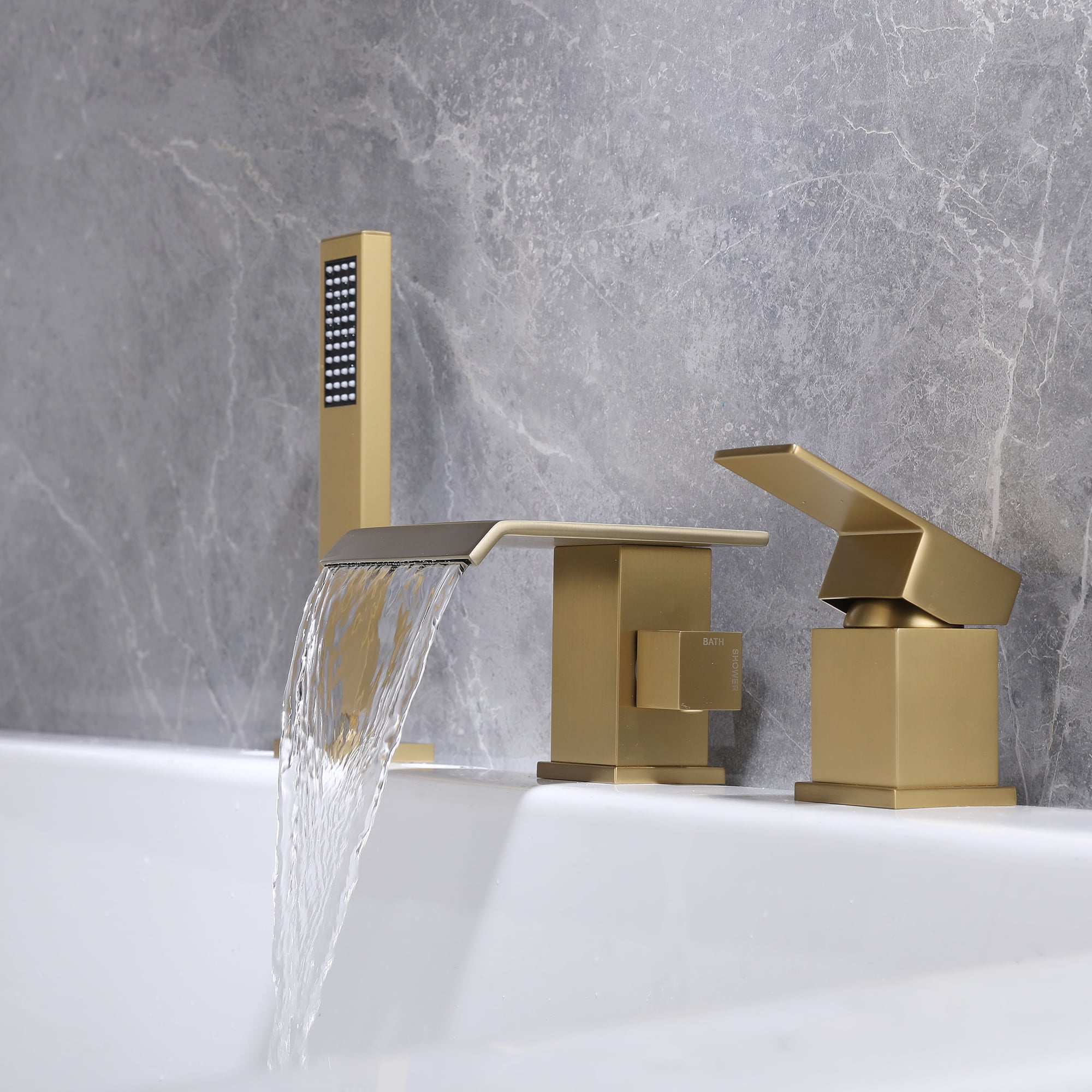 Three Holes Deck Mounted Roman Bathtub Faucet with Hand Shower, Widespread Waterfall Tub Filler