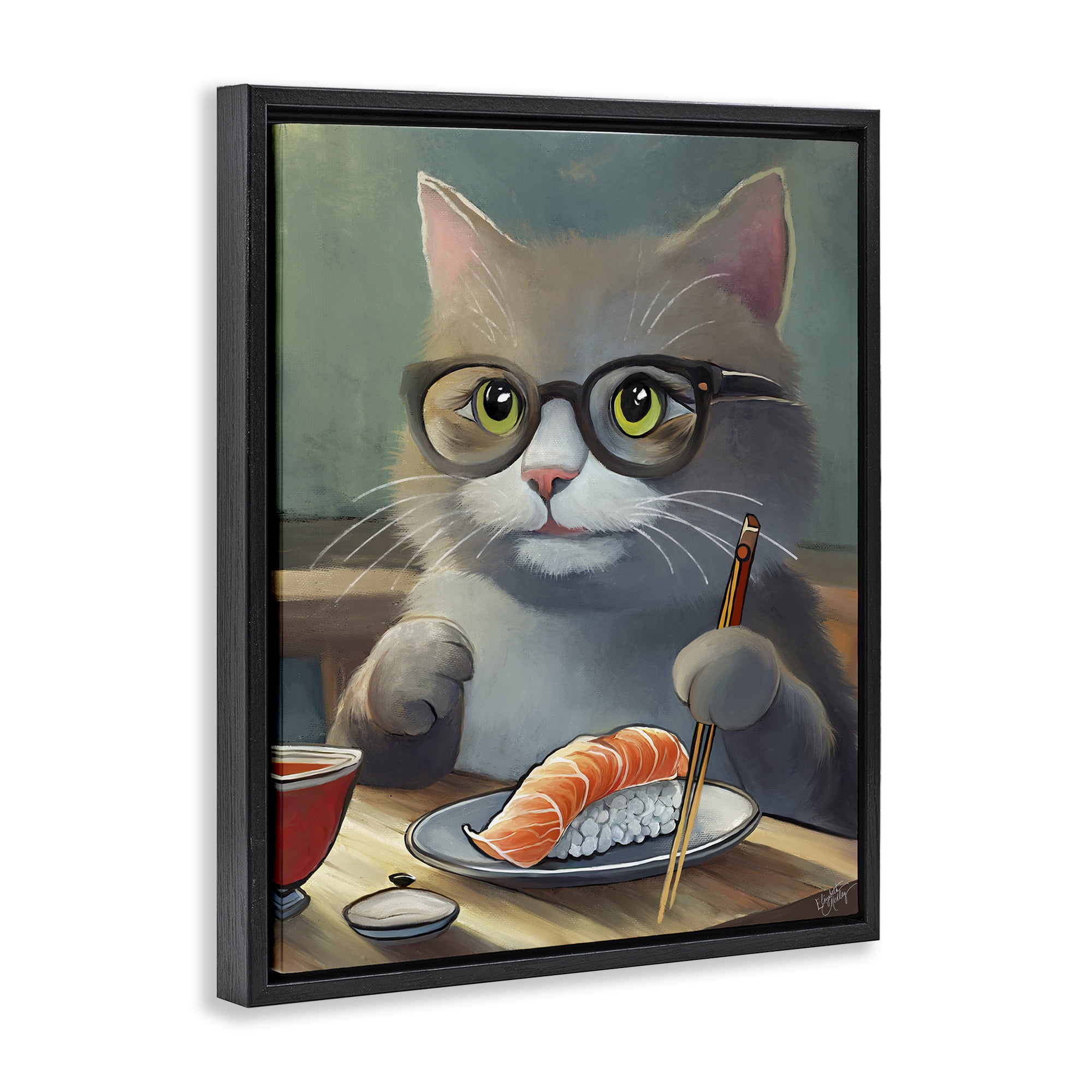 Stupell Industries Cat Eating Sushi Food & Beverage Painting Black Floater Framed Canvas Art Print Wall Art, 17 x 21