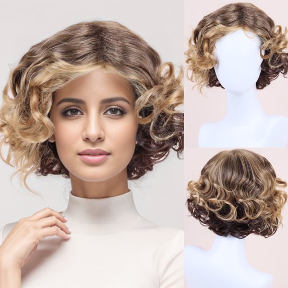 Peluca para Mujer con Cabello Corto Rizado Personalizada Esponjosa Castaño Dorado Degradado Rosa Peluca de Malla