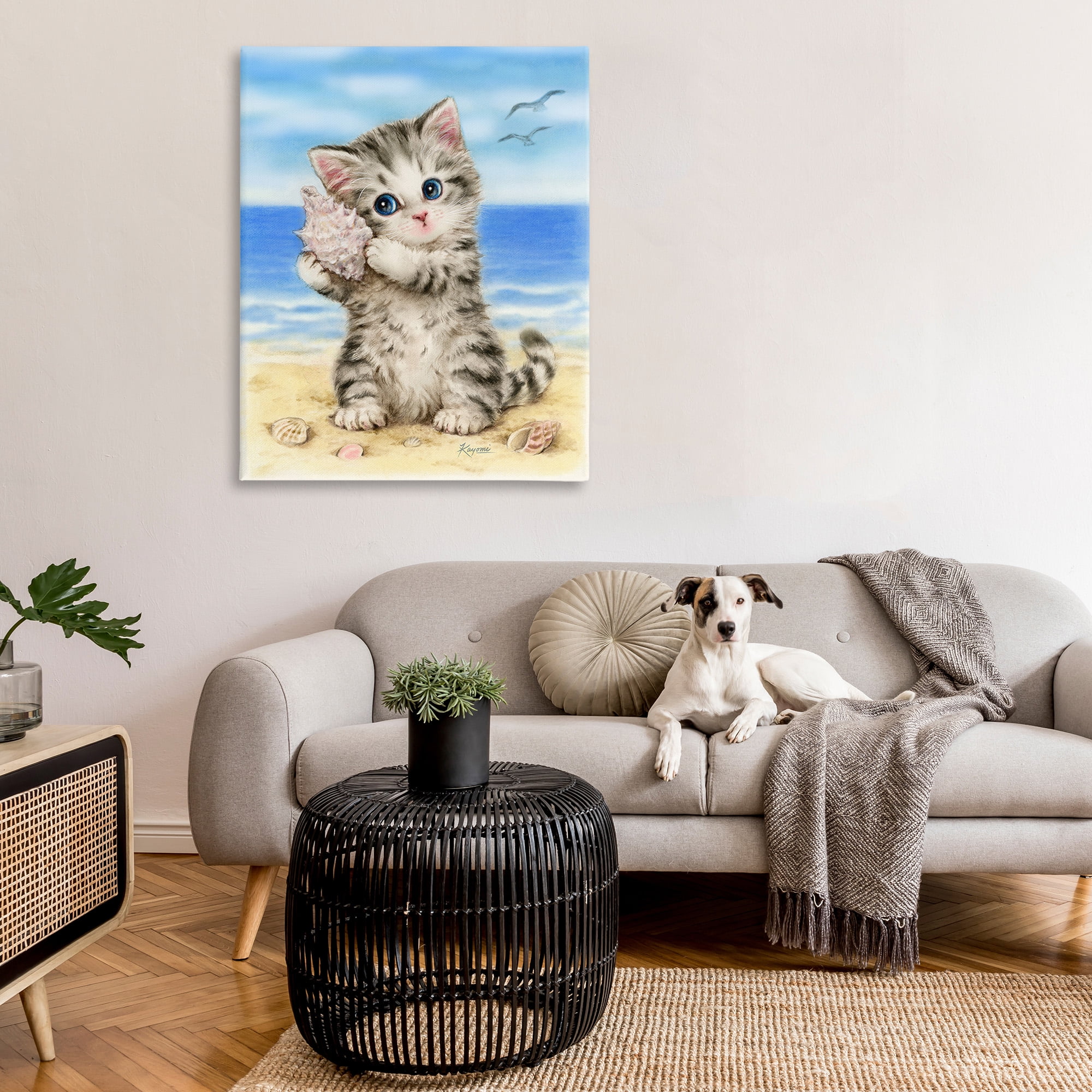 Stupell Industries Kitten with Conch Shell Animals & Insects Painting Gallery Wrapped Canvas Art Print Wall Art, 36 x 48