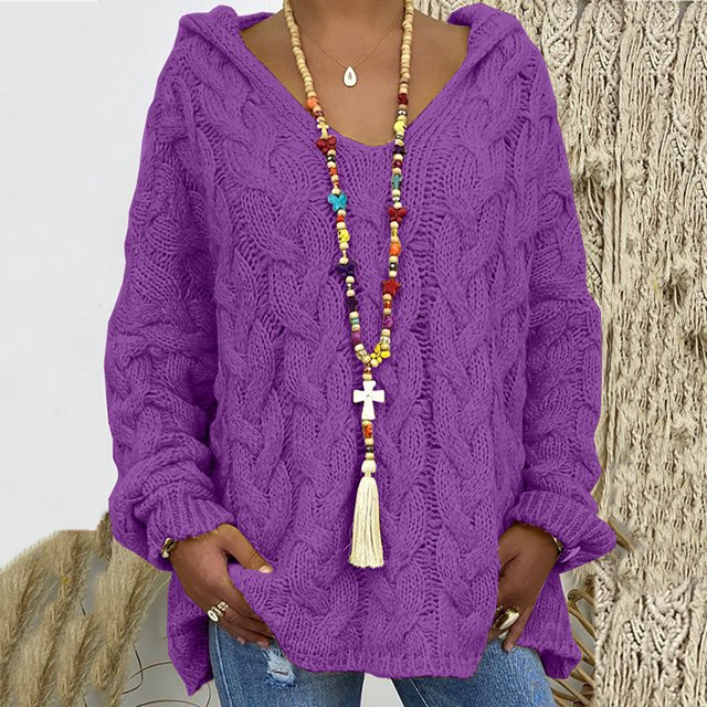 TIMIFIS Women's Fall Winter Hoodie Sweaters Casual Loose Solid V-Neck Chunky Cable Knit Pullover Sweaters