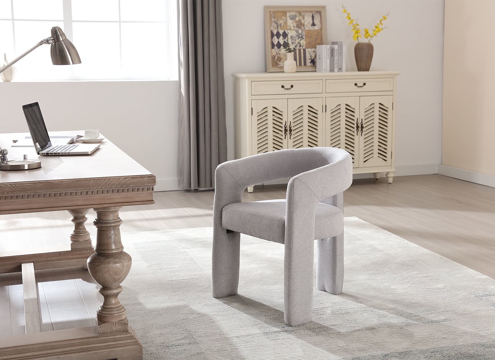 Guyou Modern Chenille Upholstered Dining Chair, Cute Barrel Side Armchair Kitchen Chair with Armrests and Back for Living Room Dining Room Bedroom, Grey