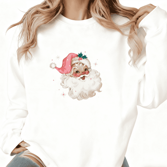 Pink Santa Vintage Christmas Graphic Tee T-Shirt Print Top Cotton Round-neck long-sleeved white S-3XL