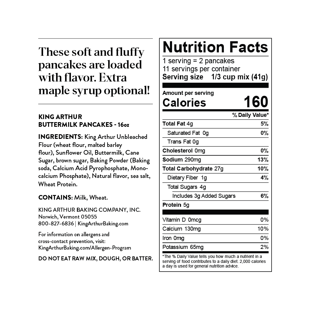 King Arthur Baking Company, Sourced Non-GMO Buttermilk Pancake Mix, 16 oz Resealable Bag