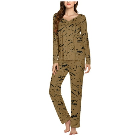 Riecok Pajamas for Women Set Cozy Pockets Spring Sleepwear for Women Pajamas Loose Sexy Sleep Set Soft Home Party Casual PJ Set Trendy Outfits Sleepwear Two Piece Brown XL