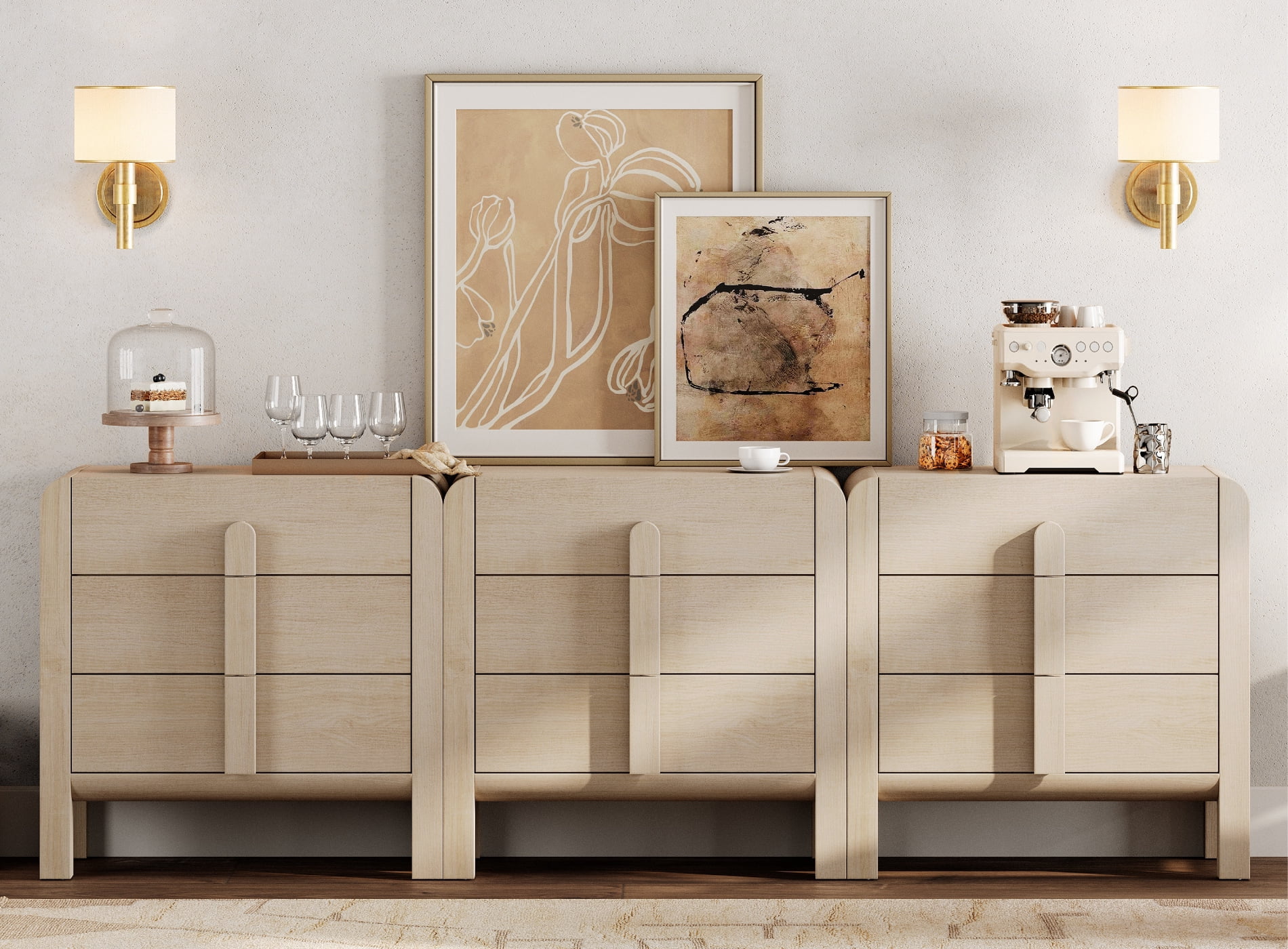 Modern 9 Drawer Dresser TV Stand for TVs up to 100 Inch, Cruved Entertainment Center, Wood TV Console with Storage for Living Room