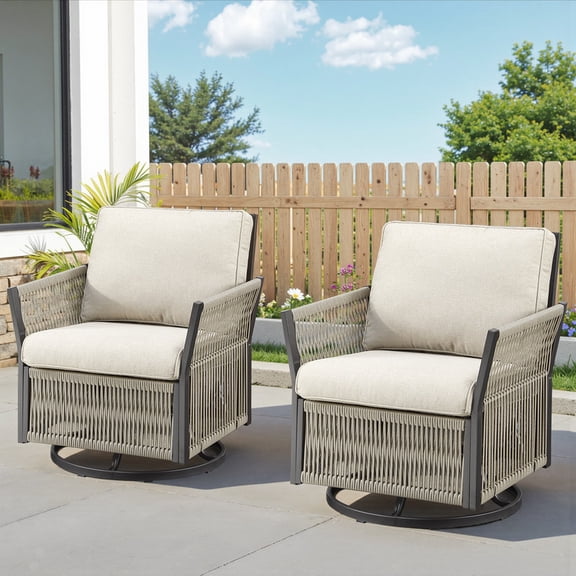 PARKWELL 2PCS Outdoor Swivel Glider Chairs, All-Weather Wicker Rattan Swivel Rocking Chair with Removable Cushions,Oversized Deep Seat Rocker Lounge Chairs for Porch Balcony, Beige