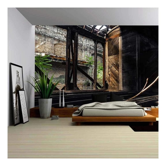 wall26 - Some Trains at Abandoned Train Depot - Removable Wall Mural | Self-Adhesive Large Wallpaper - 100x144 inches