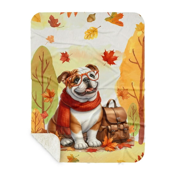 Welcome Fall Bulldog Enjoys School Time Autumn Fall Leaves Cozy Sherpa Blanket Dog Lover Gifts Idea Warm Soft Throw Blanket - 02013