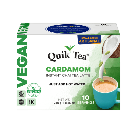 QuikTea Vegan Cardamom Chai Tea Latte – 10 Count, Bold Cardamom Flavor, Naturally Caffeine-Light, no preservatives – Just Add Hot Water