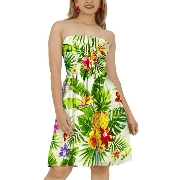 LA LEELA Women's Summer Smocked Mini Flowy Beach Tube Dress for Women One Size White, Floral