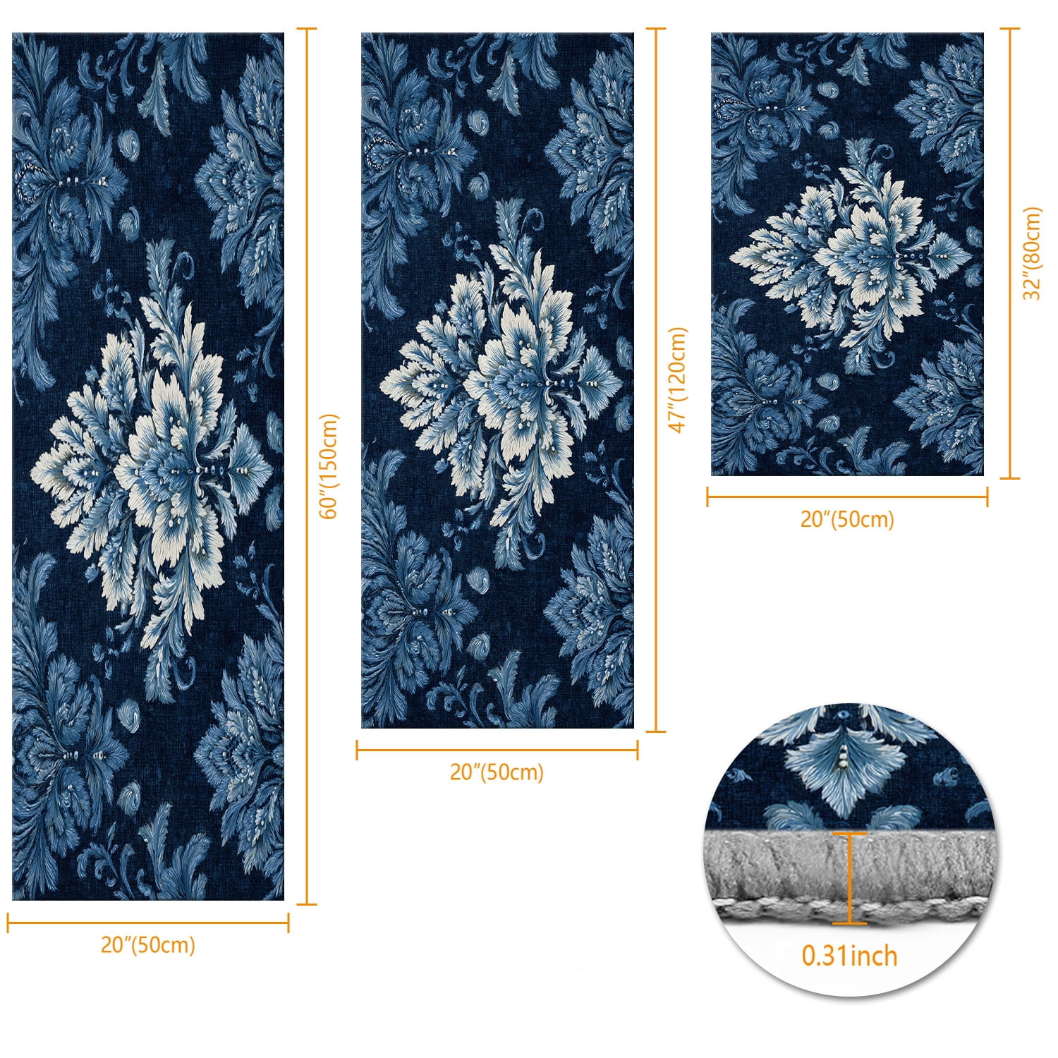 3-Piece Farmhouse Kitchen Rug Set, Washable Anti Slip Striped Floor Mats in 3 Sizes, Stain Resistant Decor Rugs for Kitchen Hallway Bathroom Home Christmas Decor